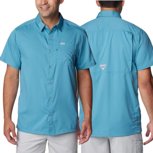 Columbia PFG Slack Tide Short-Sleeved Button Up Camp Shirt - Canyon Blue - Large - Picture 1 of 12